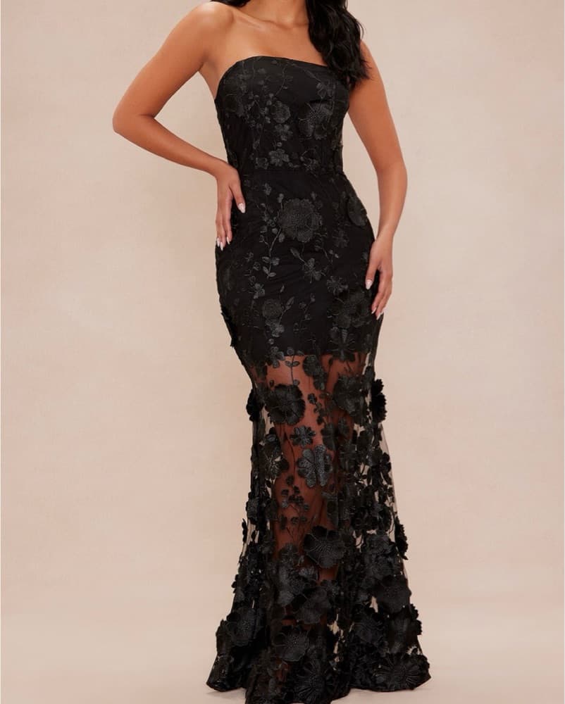 Elegant Black Floral Lace Mermaid Gown - Image 1