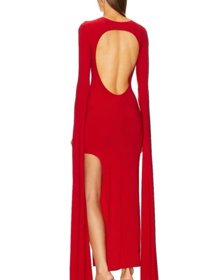 Open Back Ribbon Sleeve Wide Slit Gown in Vibrant Red - Image 2