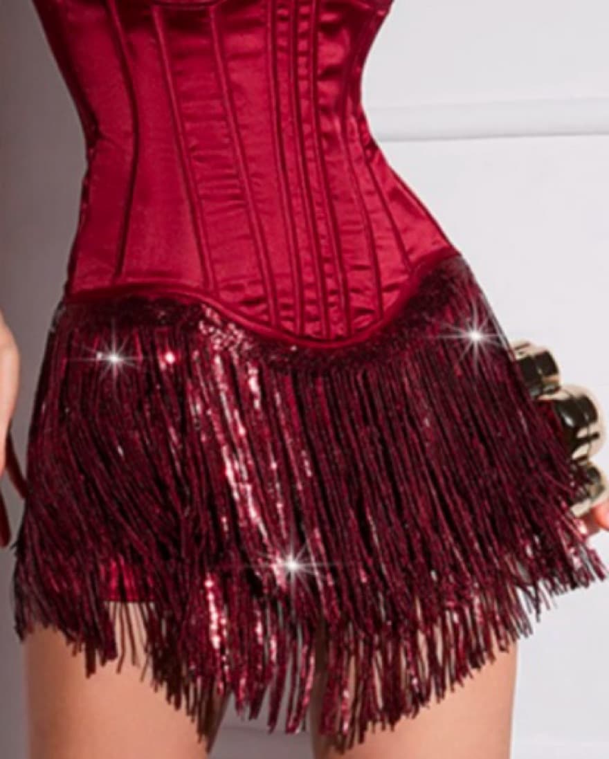 Spaghetti Sequin Fringe Satin Dress - Image 4