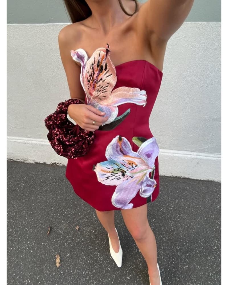 Leo Lin Rosario Mini Dress Red |  | Leo Lin Mini Dres, Leo Lin Red Cocktail Dress, Floral Mini Dress - Image 1