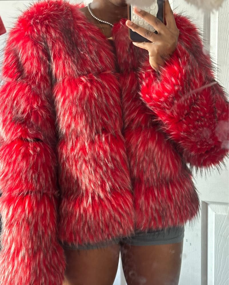 Vibrant Red Faux Fur Coat - Image 2