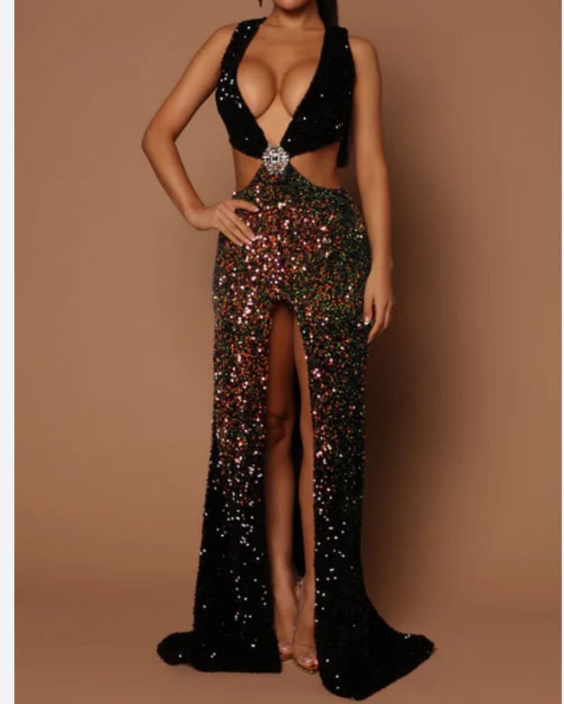 Sequin V-Neck Gown with Broche  - Image 1