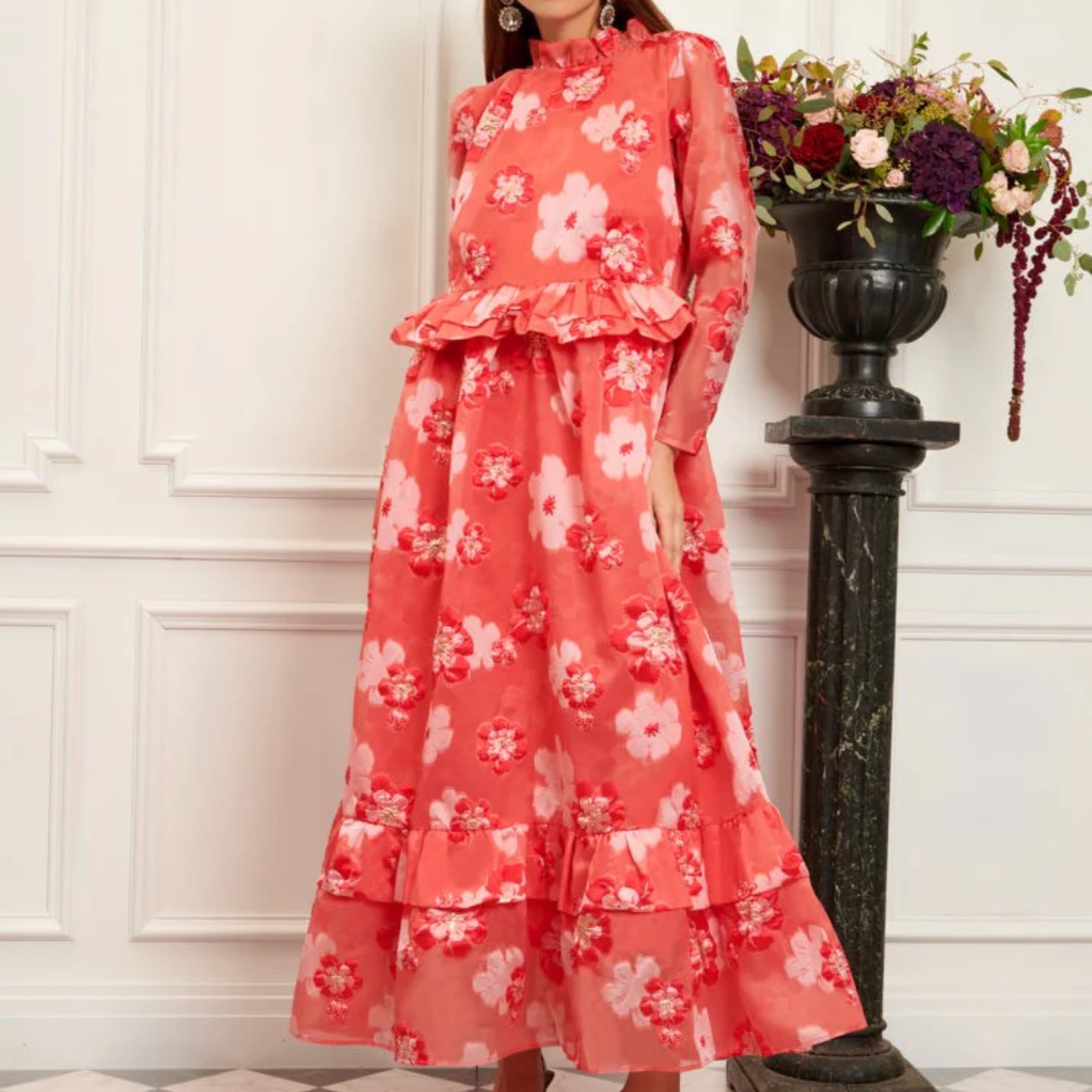 Coral Floral Print Ruffle Maxi Dress - Image 1