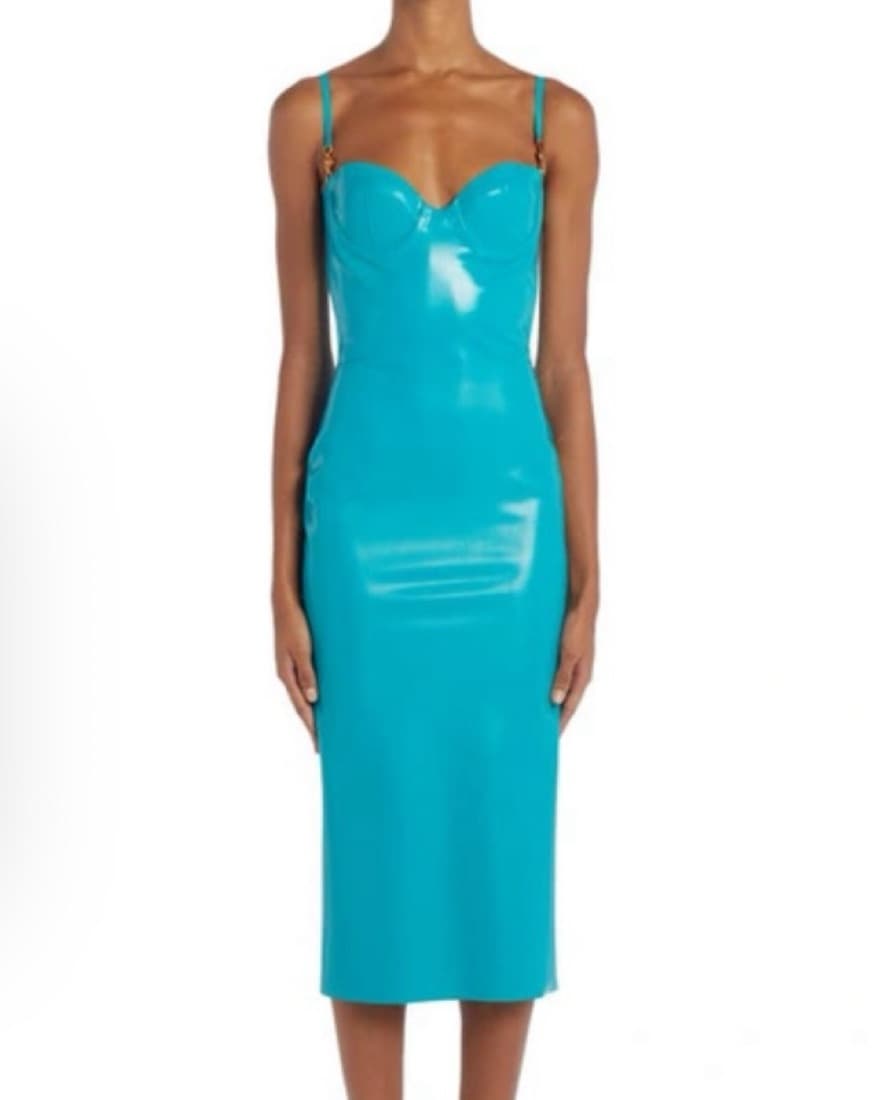 Versace Latex Midi Length Dress, Teal  - Image 3