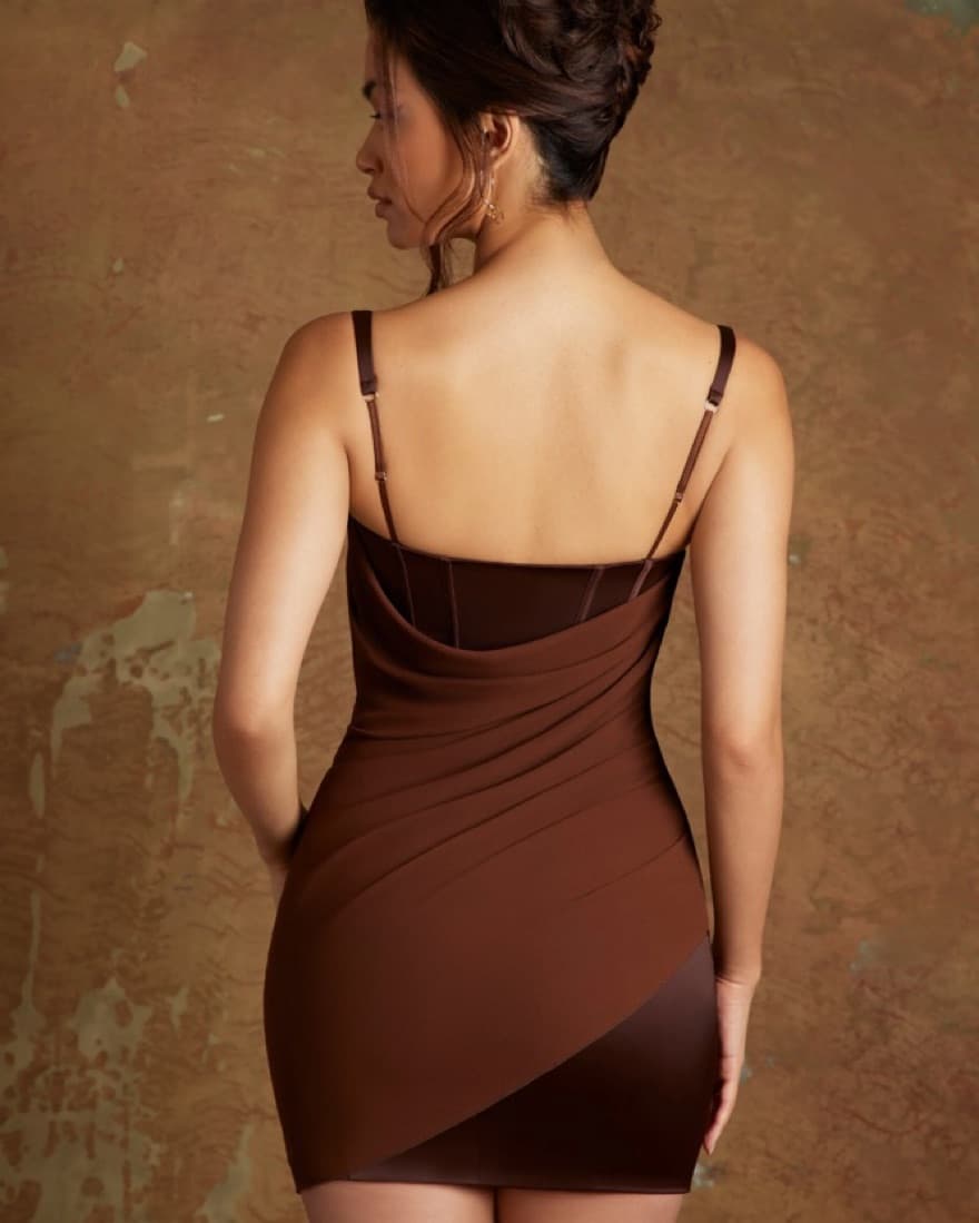 LUNARA Draped Corset Mini Dress in Brown - Image 2