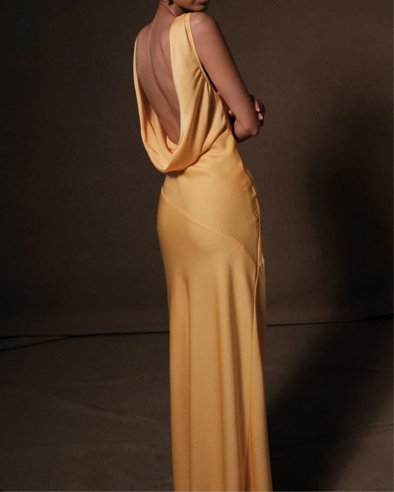 Meshki Yellow Backless Satin Maxi Dress - Image 3