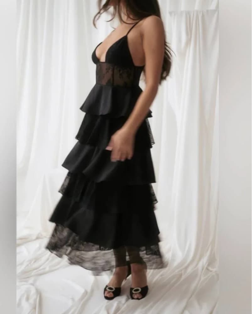 Black Tiered Lace Dress - Image 1