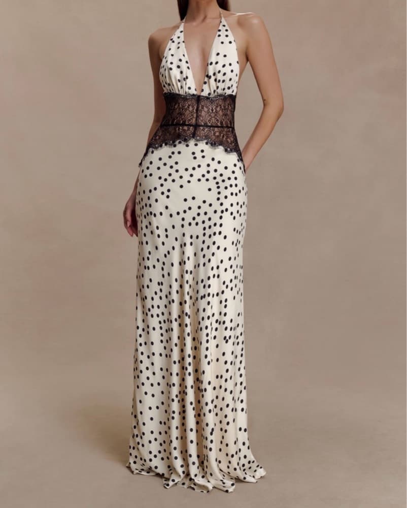 Lace And Satin Maxi Dress - Polkadot - Image 5