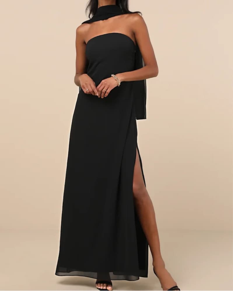 Black Long Dress w/ Scarf - Image 1