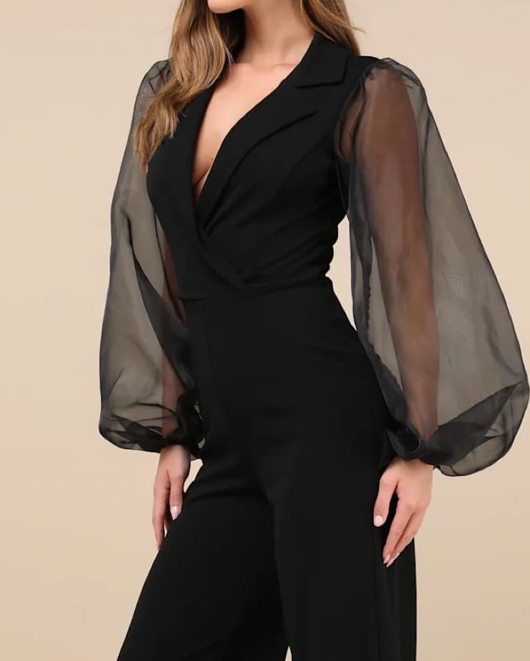 Black Organza Sleeve Backless Jumpsuit - Image 4