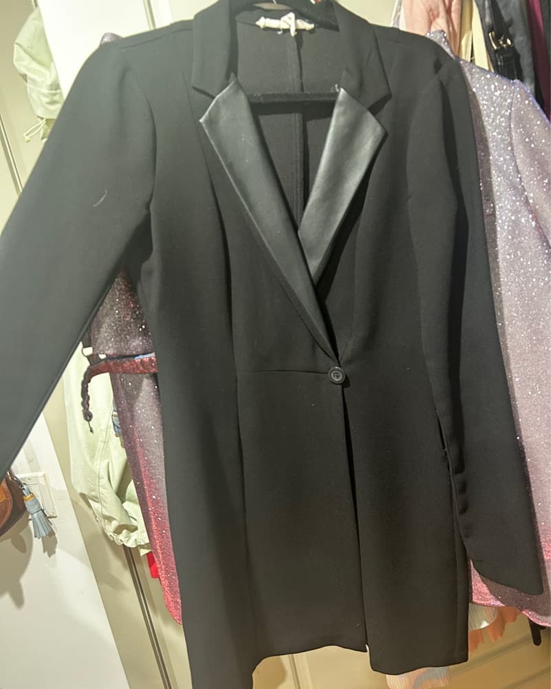 Black Faux Leather Trim Blazer Dress  - Image 4