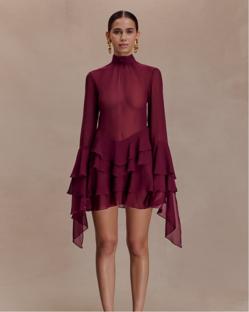 Meshki Chiffon Ruffle Mini Dress - Wine - Image 1