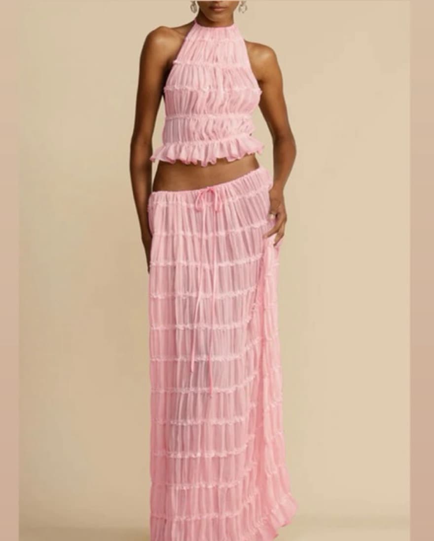 VINTAGE PINK PLEATED MAXI SKIRT SET - Image 4