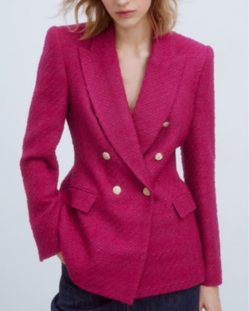 Pink Double-Breasted Tweed Blazer Jacket - Image 1