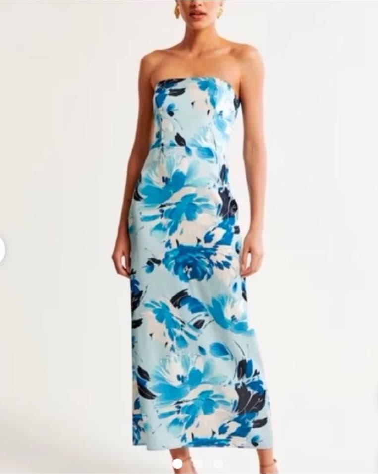 Floral Strapless Satin Midi Dress - Image 1