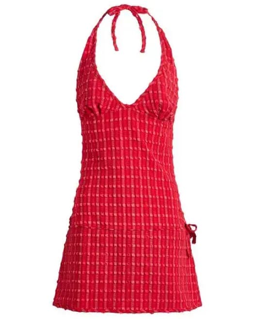 Vibrant Red Textured Halter Dress - Image 3
