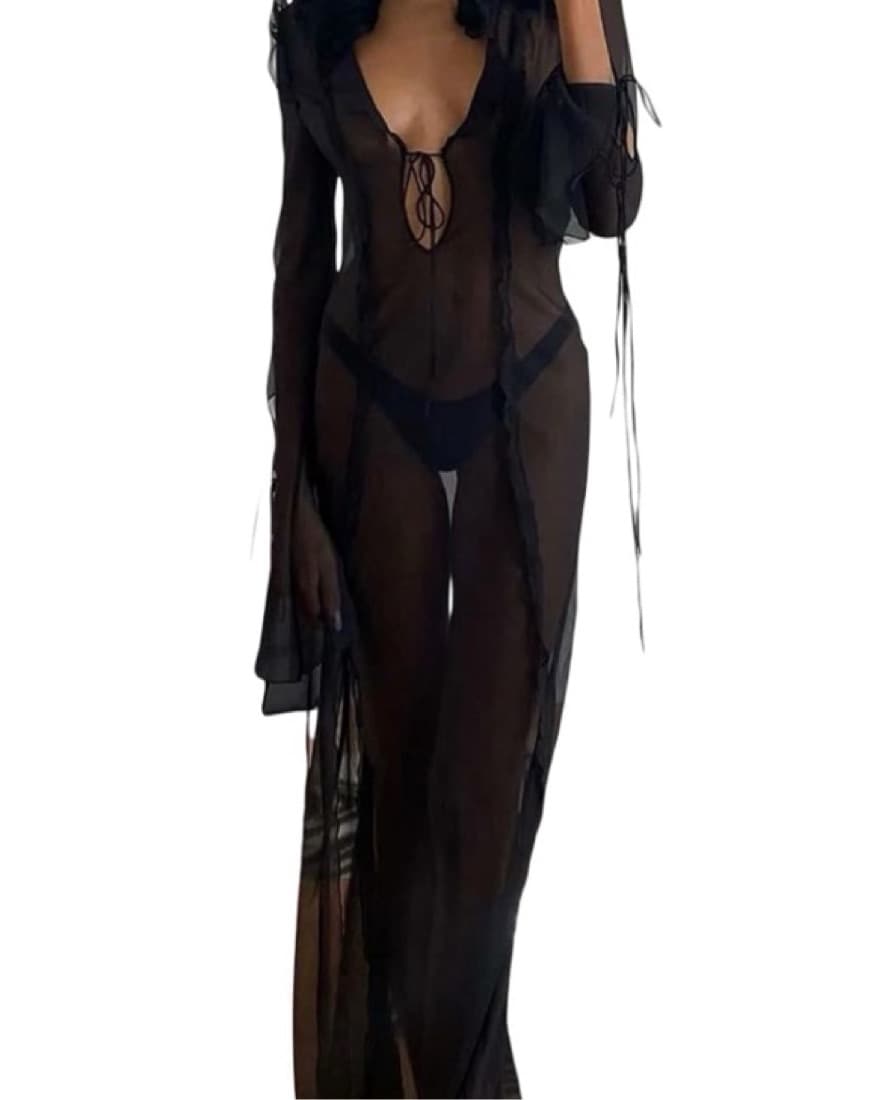 Sheer Long Sleeve Black Dress, Festival - Image 1