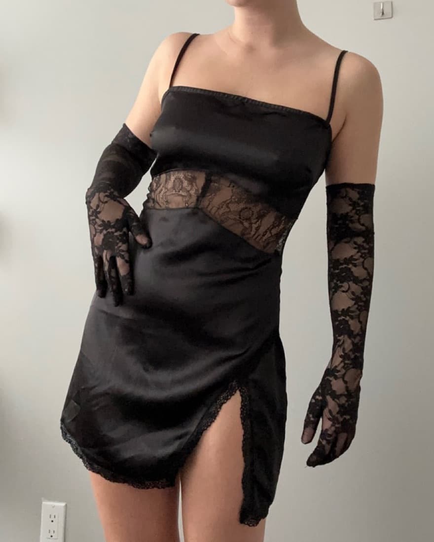 Black Lace Mini Dress With Gloves - Image 1