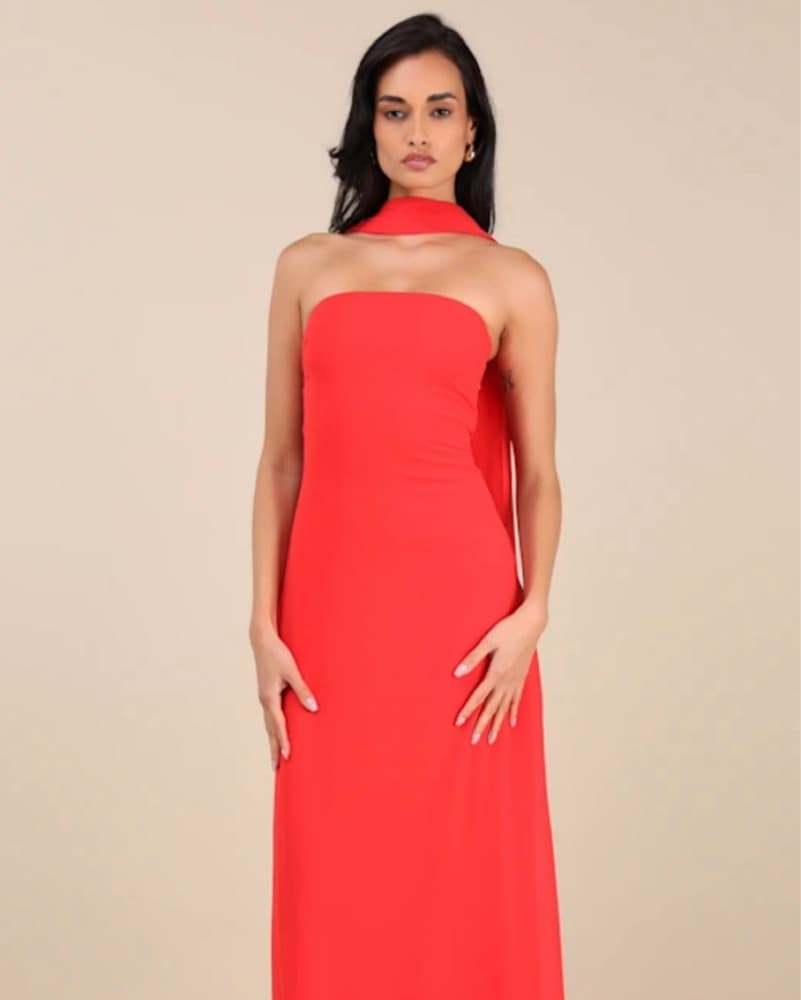 Red Orange Strapless Maxi Dress - Image 1