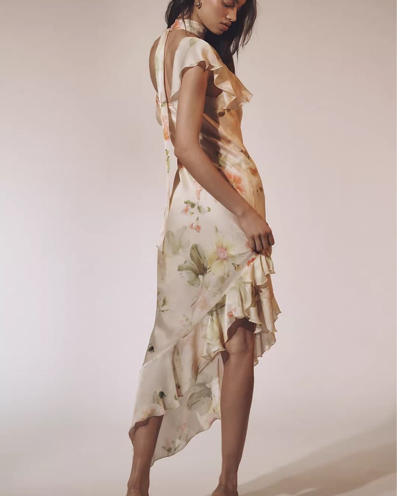 Floral Asymmetrical Scarf Silky Dress - Image 3