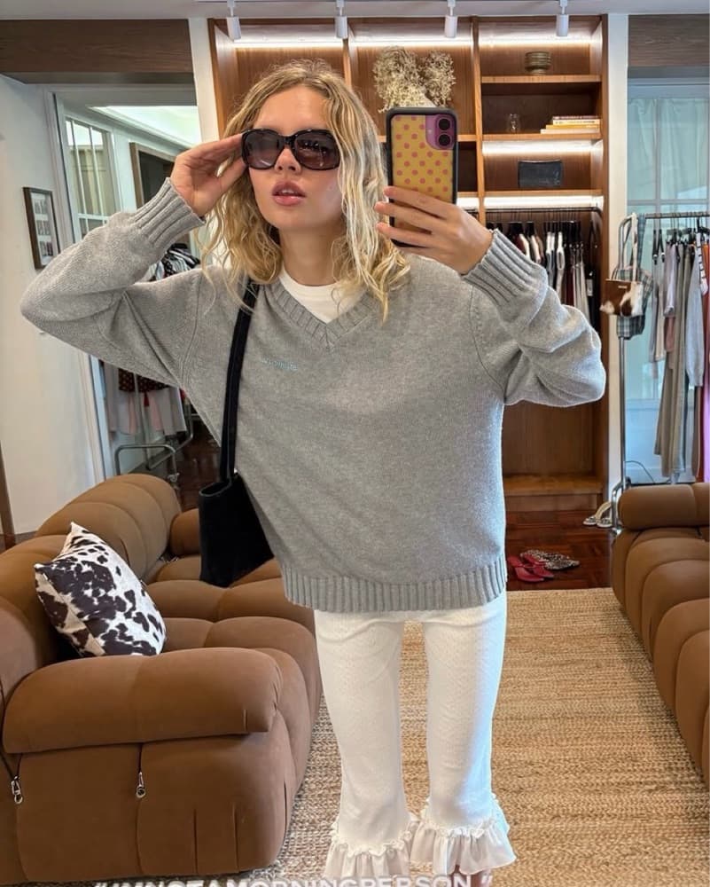 Grey Knit V-neck Sweater - Image 1