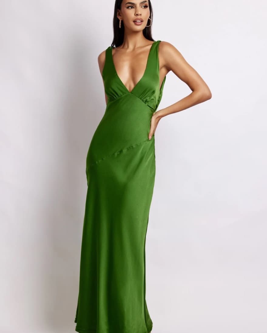 Maxi Satin Dress With Back Cowl - Emeral - Image 2