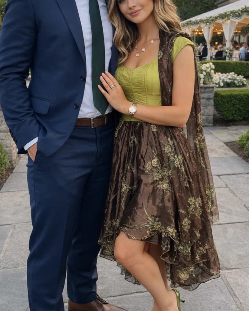 Green - Brown Hi-Low Dress  + scarf - Image 1