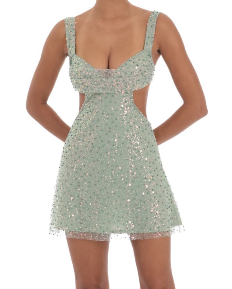 Sequin Pearl Cutout Dress in Green  - Image 1