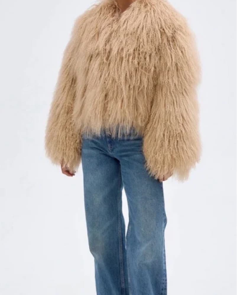 Mongolian Fur Beige Cropped Jacket Small - Image 2