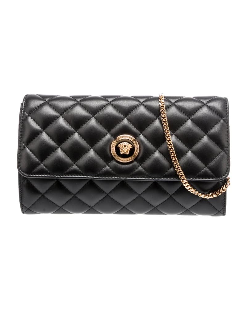 Versace Quilted Black Leather Clutch Purse with Gold Handle - Image 1