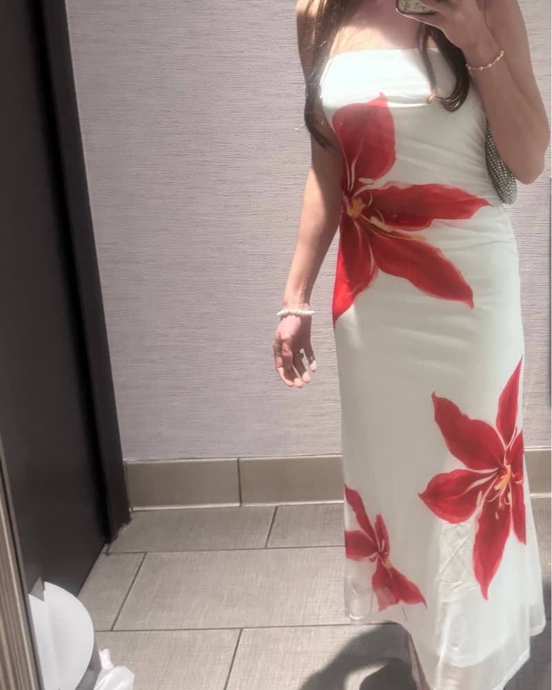 White & Red Floral Strapless Maxi Dress - Image 3