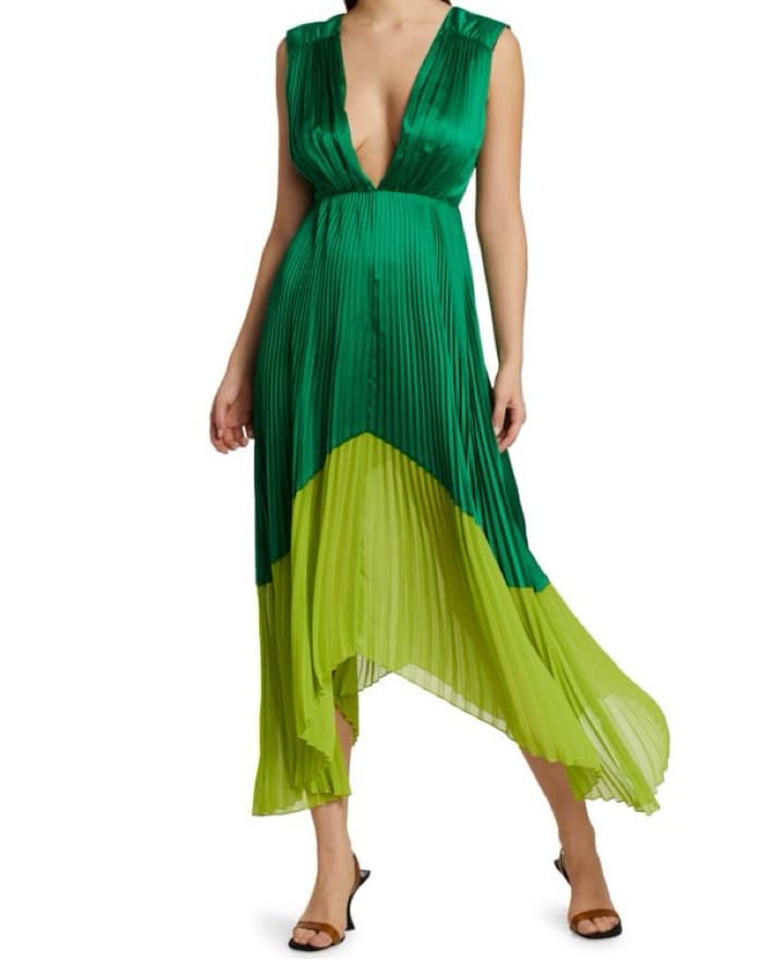 Amur Pleated Green Silk V Neck Dress - Image 5