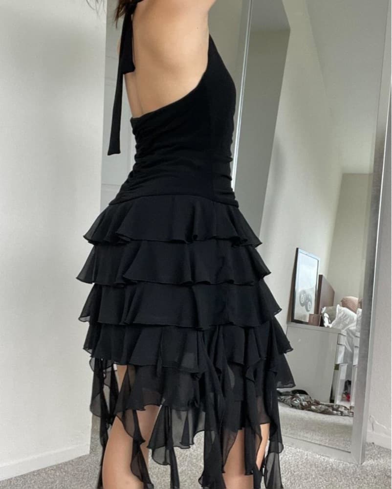 Black y2k Asymmetrical Hem Ruffle Dress - Image 2