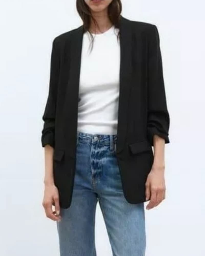 Black Blazer Gathered-Sleeve Jacket - Image 1