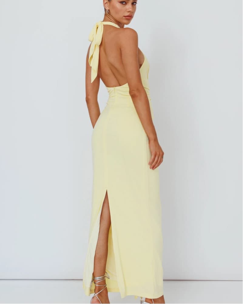 Butter Yellow Ruched Halter Maxi Dress - Image 5