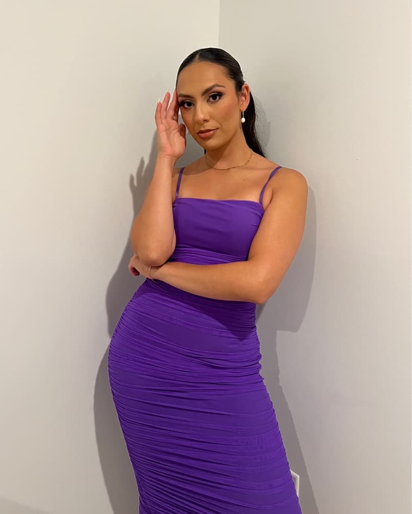 Stunning Purple Ruched Midi Dress - Image 1