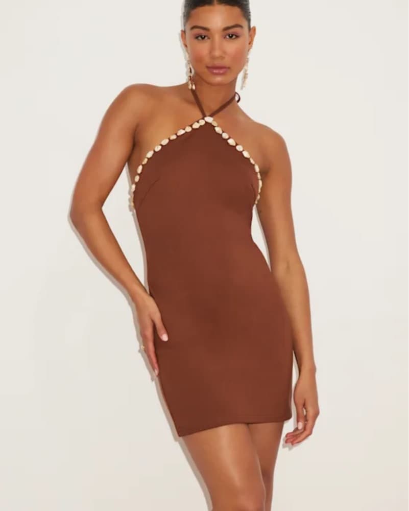 Azeneth Brown Shell Bodycon Halter Mini  - Image 1