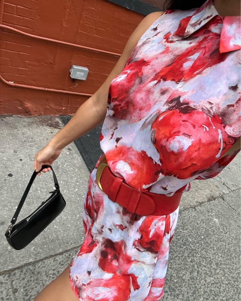 Vibrant Floral Dres with Red Accent Belt - Image 1