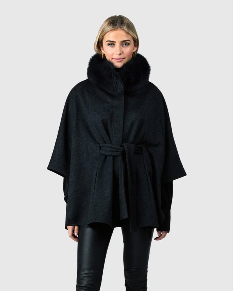Belted Genuine Fox Collar Cape - Image 1