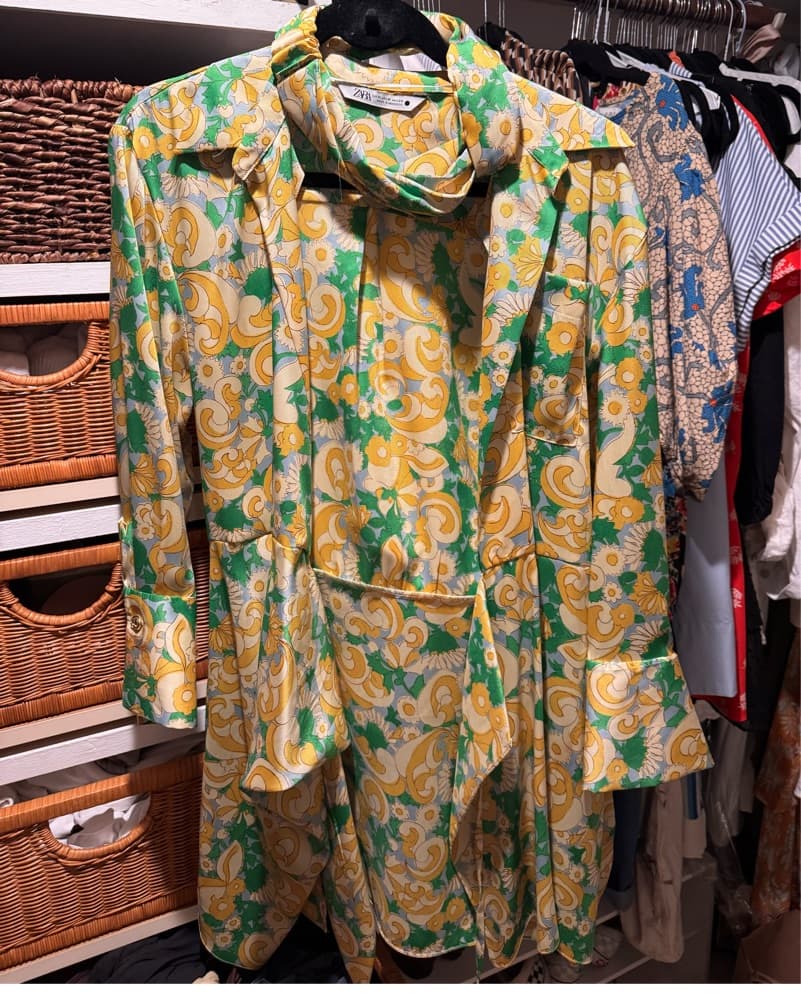 Zara Retro Long Sleeve Dress Green and Yellow Floral With matching Headband  - Image 4