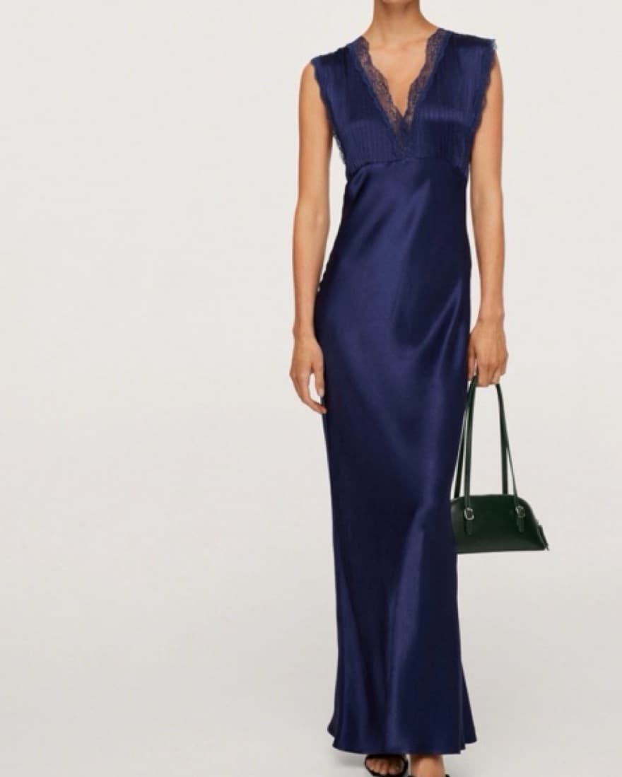 Mango Navy Blue Satin Effect Lace Dress - Image 1