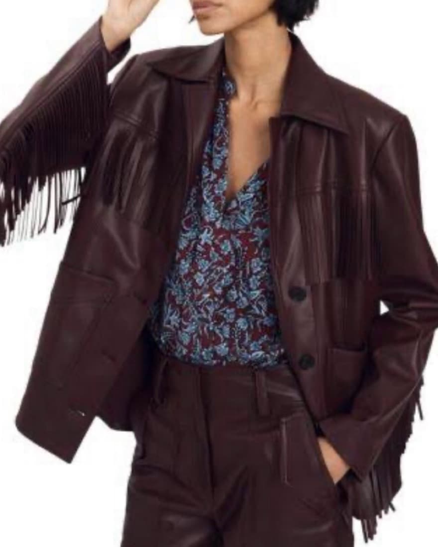 Fringed Leather Jacket with Floral Print Blouse - Image 4