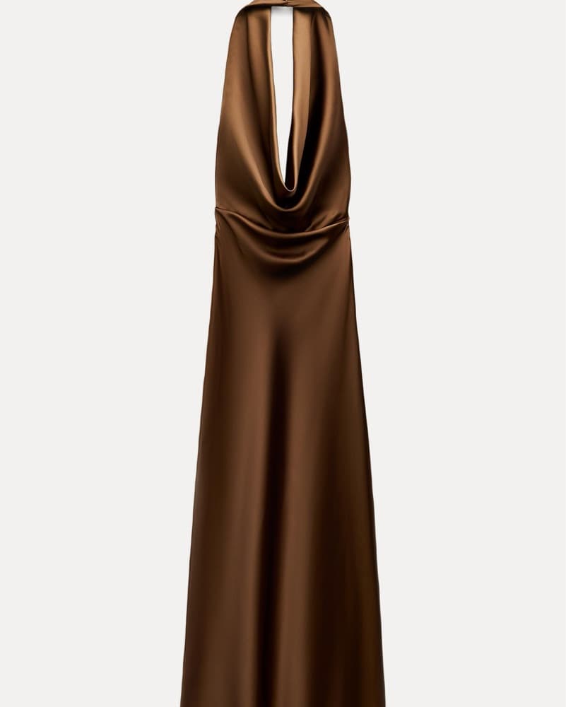 Brown Satin Halter Backless Dress - Image 4