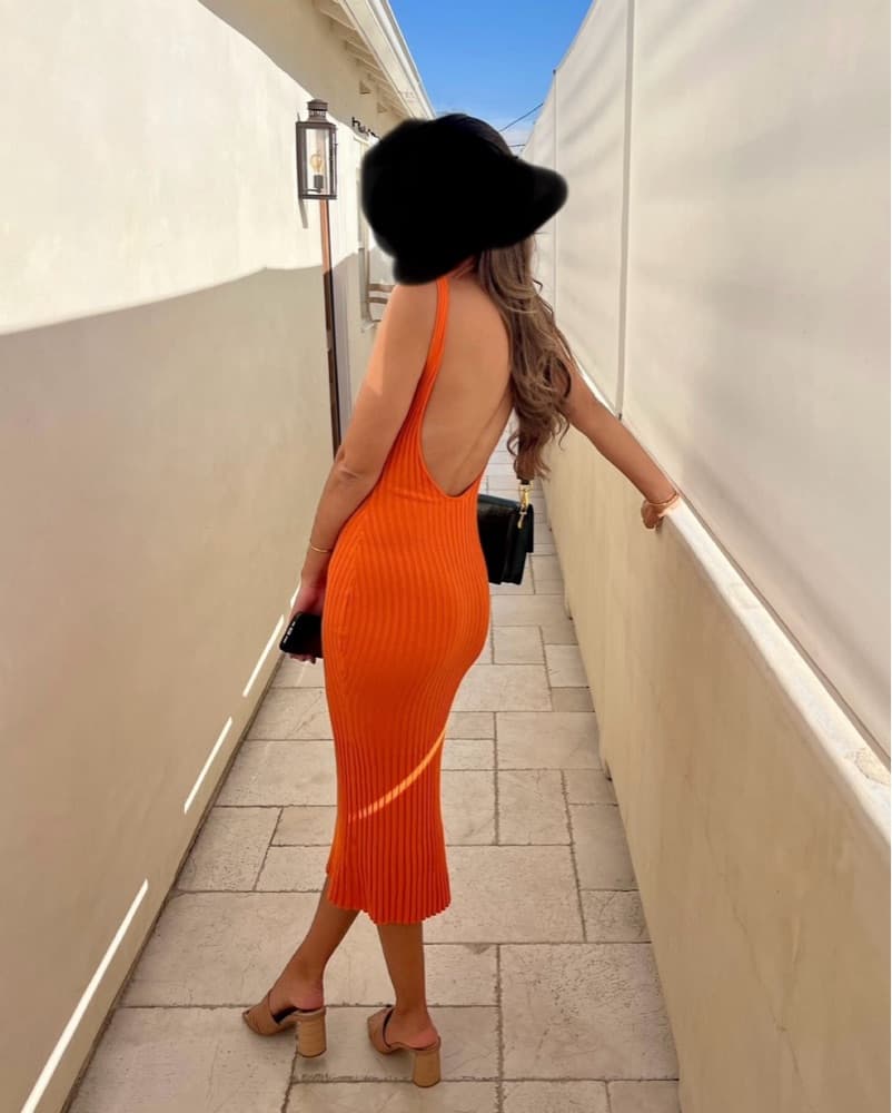 Orange Ribbed Open Back Knit Dress - Image 1
