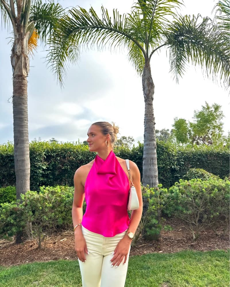 Hot Pink Zara Flowy Satin Halter Top - Image 1
