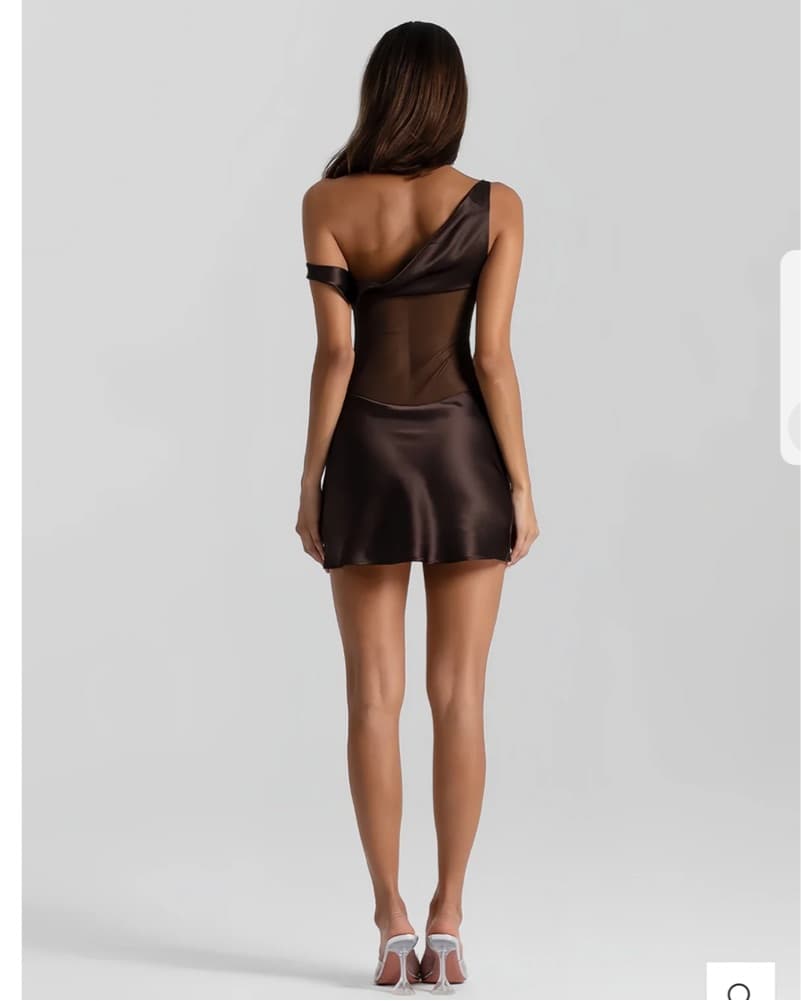 Brown One Shoulder Satin Mini Dress - Image 2