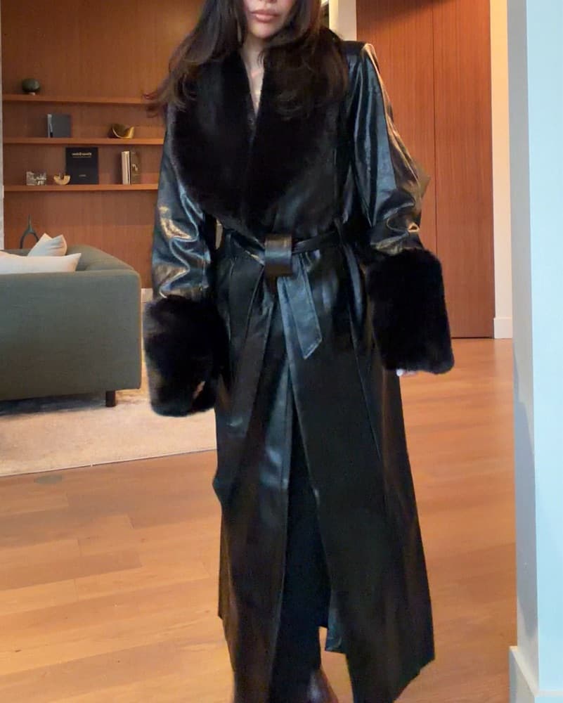Meshki Leather Trench Coat With Faux Fur - Image 2