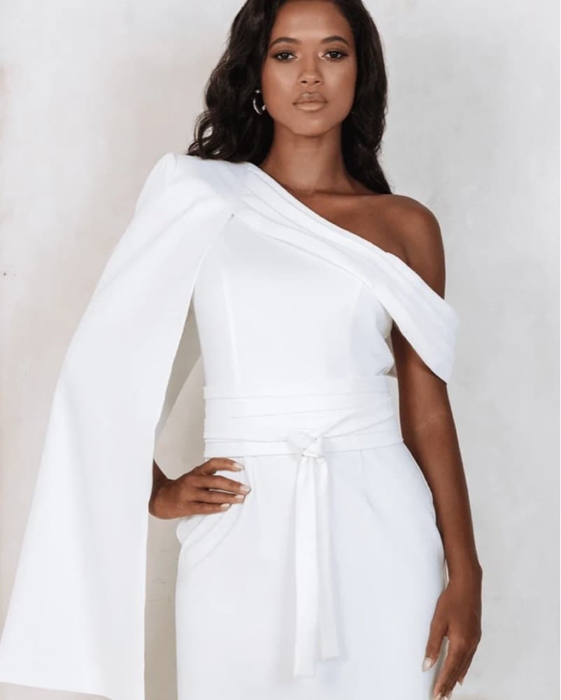White Off The Shoulder Cape Dress - Image 1