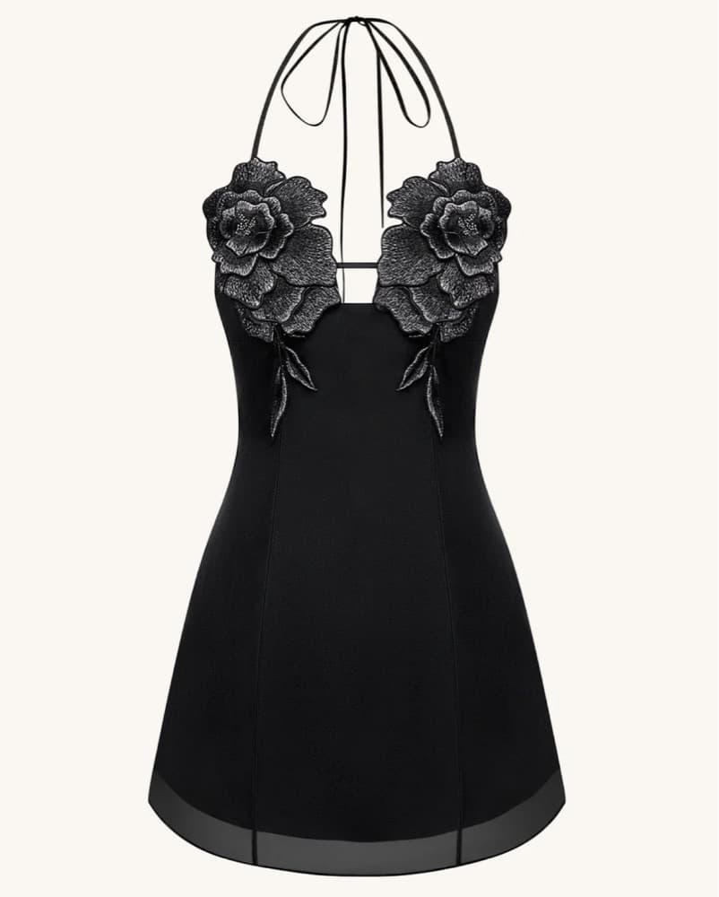 Flower Embroidered Mini Dress - Black  - Image 2