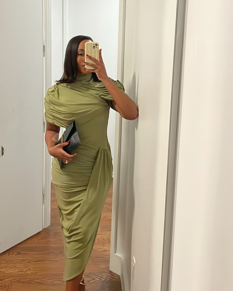 Elegant Olive Asymmetric Cape Midi Dress - Image 5